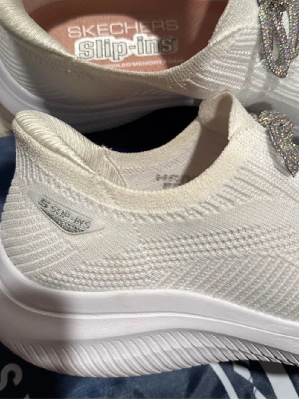 Skechers Women's Slip-On Knit Sneakers in White with Metallic Laces - Picture 4 of 5